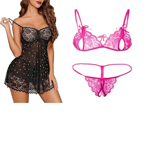 Image of SSoShHub Lace Babydoll Lingerie Sexy Mini Chemise Mesh Wedding Nightie Bridal Nightdress with Bikini