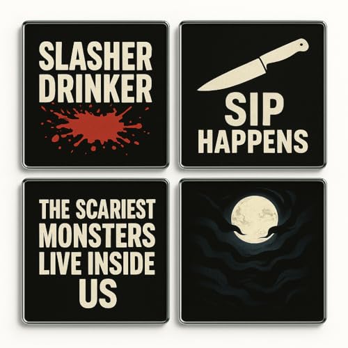 Image of Acrylic Coaster Gift Set of 4 Chilling Sips Design - Horror Film Inspired Home Decor for Movie Lovers