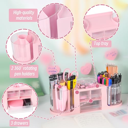 Organizador de mesa giratório rosa e acessórios, material de escritório, suporte de caneta de 360° c