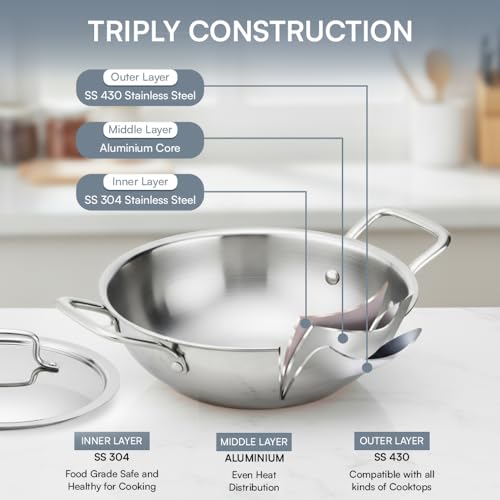 Kraft Futuretec Triply Stainless Steel Kadai with Lid - 1.1 Litre, 18 cm | 2.5 mm Thick Extra Deep Kadhai for Frying | Even Heating, Fast & Healthy... - Image 4