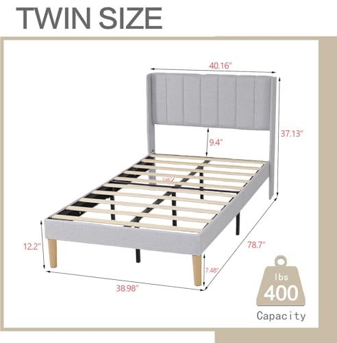 Image of AGARTT Upholstered Platform Bed Frame Twin Size, Light Grey Linen