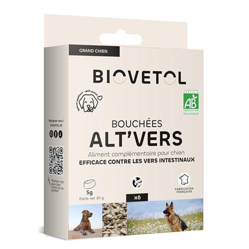 Biovetol - Bouchées Alt'vers - Efficace Contre Les vers Ronds et Les vers Plats - Certifié Agriculture Biologique - 6 bouchées (Grand Chien >20 kg, Unité)