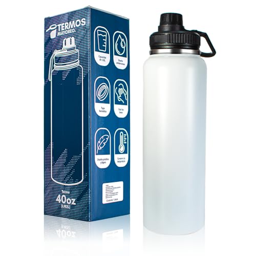 La Mejor Selección de Termo blanco los más recomendados. 47 Botella deportiva – Termo de acero inoxidable 18/8 con tapa antiderrames, doble pared, mantiene bebidas frías 24 horas y calientes 12 horas, incluye asa para fácil transporte...