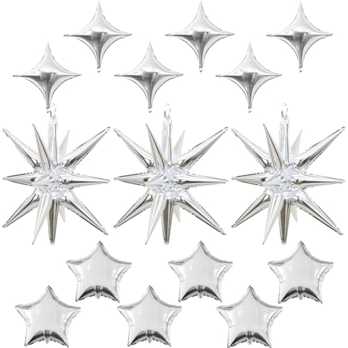 Froova Silver Star Balloons 22in Large Star Balloons Foil 10in 4-Pointed & Silver Pentagram Balloon for Graduation New Year Wedding Baby Shower Birthday Party Decorations