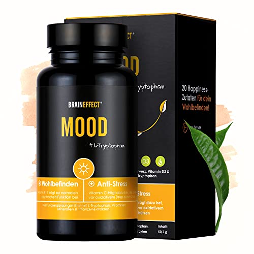 BRAINEFFECT MOOD (90 Kapseln) - Natürlicher Stimmungsaufheller mit L-Tryptophan (Vorstufe von Serotonin), mit Vitamin B6, B12, D3 & mehr, hochdosiert,100% vegan