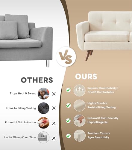 Tbfit 77.2" W Linen Sofa Couch, Mid Century Modern Decor Loveseat Couches for Living Room, Button Tufted Upholstered Small Couch for Bedroom, Solid, and Easy to Install Love Seats Furniture, Beige