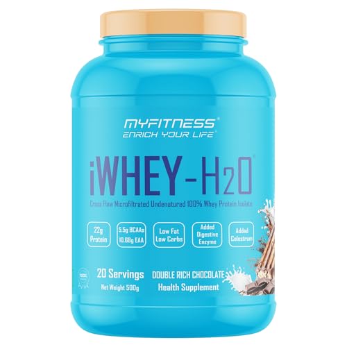 Image of Myfitness iWhey H2O | 88% Protein Per Serving | 100% Whey Protein Isolate | Added Colostrum | Added Digestive Enzymes | Whey Protein Powder (500g (20 servings), Double Rich Chocolate)