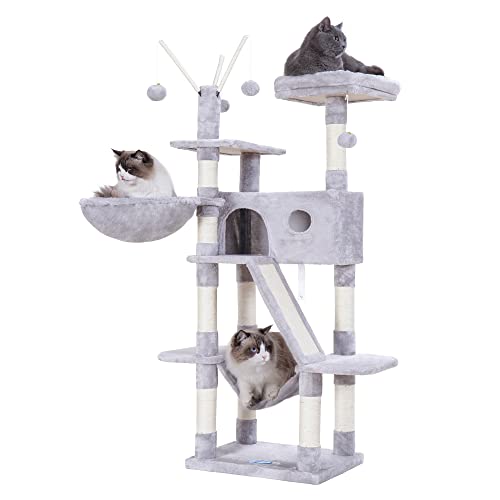 Hey-Brother Cat Tree, 61 Inch Cat Tower For Indoor Cats, Cat House With Padded Platform Bed, Toy Balls, Large Cozy Condo, Hammocks And Sisal Scratching Posts, Light Gray Mpj019W #TOP15