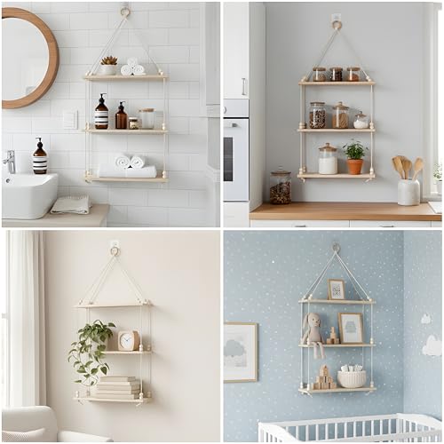 Image of 3Tier Hanging Shelf with Magic Hook, Use Decor Plants, Books, Decorative Gift Items Nursery Livingroom Wooden Beads & Ring Woven Bohemian Chic for Dorm