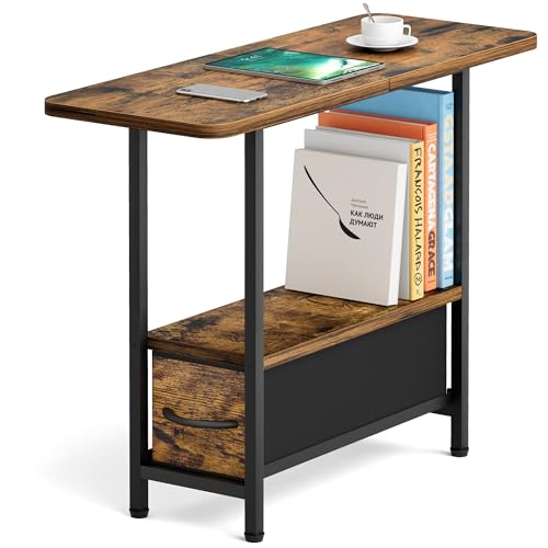 AOODA Living Room Side Table with Drawer, 2 Tier Slim End Tables with Storage for Small Spaces, Narrow Nightstand for Sofa Couch, Bedroom, Rustic Brown