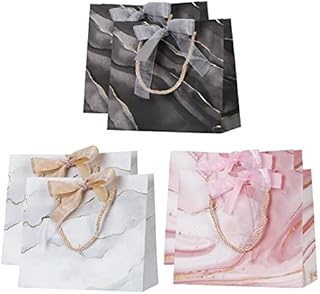 WWW 6 Pieces Gift Bags,Marble Pattern Gift Bag with Ribbon Bow, 11.8x10.6x4.7inch Waterproof Paper Gift Bag for Holiday Birthday Christmas Wedding Party,Black+White+Pink
