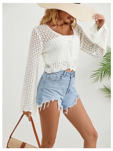 Image of Verdusa Women's Tie Front Crop Cardigan Bell Long Sleeve Scalloped Lightweight Knit Tops Summer Beach Cover Up Cream White X-Large