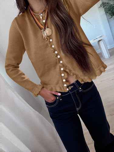 Image of Saodimallsu Womens Ruffle Cardigan Sweaters Button Up Crew Neck Long Sleeve Cropped Sweater Cute Soft Knit Tops