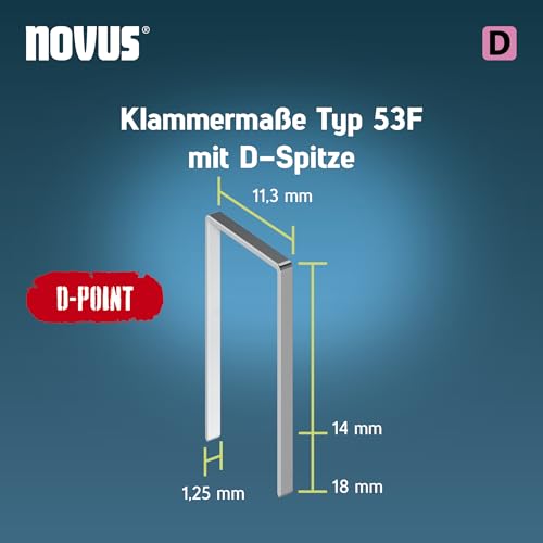 NOVUS TOOLS Flachdrahtklammern 14 mm, 600 Tacker-Klammern vom Typ 53F/14D, D-Spitze für erhöhten Auszugswiderstand, Schiebeschachtel, Heftmittel für Folien und Pappe