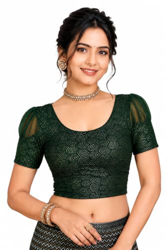 Image of SFT Women's Organza Patch Readymade Saree Blouse with Round Neck Half Sleeves Abstract Pattern Pull On Closure Regular Fit and Standard Length