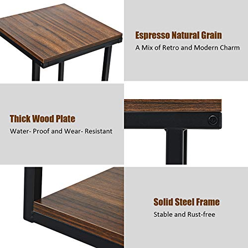 Tangkula 3-Tier Sofa Side Table, Nightstand with Storage Shelf, Sturdy Metal Frame, Ladder-Shaped Chair Side Table, Brown Tabletop Storage Shelf for Living Room or Bedroom (Brown)