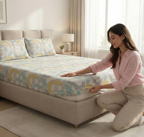 Image of VAS COLLECTIONS Double Bed 160 TC Cloud Cotton Fitted Bedsheet (78x72+10 Inches) | Elastic Deep Pocket Cotton Bed Sheet | Soft, Breathable Bedding for Home & Hotel (Silver Blue Circles)