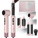 5 in 1 Hot Air Styler Brush, 1000W Hair Dryer with LCD Display, Auto Rotating Curler for Volumizing Fast Drying, Curling & Straightening Multi Styling Tools for All Hair with 3 Levels (Pink)