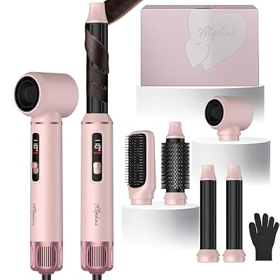 Atopskins 5 in 1 Blow Dryer Brush Set, 1000W Hot Air Styler with Auto-Wrap Curler & LED Temp Display, Negative Ion Hair Dryer Brush for Straightening, Volumizing & Curling - Pink