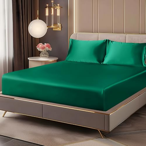 BEDELITE Satin Fitted Sheet and Pillowcase Set, Luxury Soft Similar to Silk Bottom Bedsheet with Elastic Corner Straps, Deep Pocket up to 15 Inch, 1 Fitted Sheet and 1 Pillowcase(Twin XL, Dark Green)