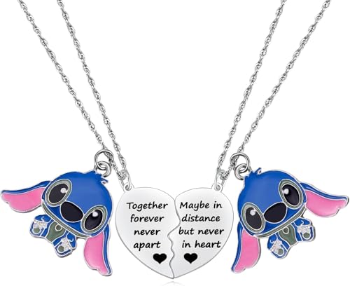 Engraved Heart Charm GoFunway Best Friend Stitch Necklace Set Friendship Matching Heart Necklace For 2 Girls Women Lilo and Stitch Stuff Jewelry For Friends BFF Bestie Stainless Steel Enamel Pendants Silver (Friendship)