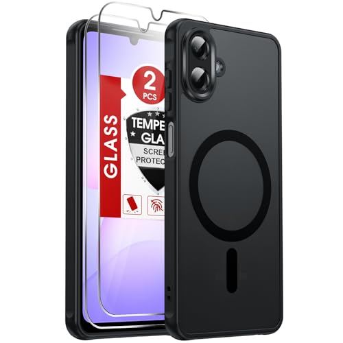 LeYi for Samsung A07 Phone Case: Samsung Galaxy A07 Phone Case [Magnet Fit] with [2 Packs] Screen Protector, Slim Frosted Translucent Cover Full Body Protection para Unlocked Galaxy A 07 4G, Black