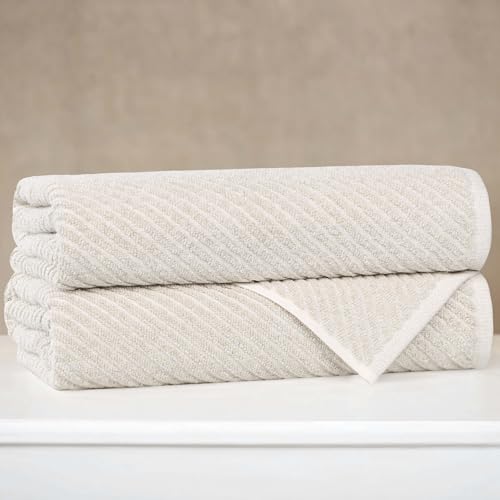 SUPERIOR Amelia Viscose Cotton Blend Medium Weight Towels, for Bathroom, Shower, Spa, Plush, Quick Dry, Ultra-Soft Towels, Bath Essentials, Ribbed Design, Bath Towels, Set of 2, Beige