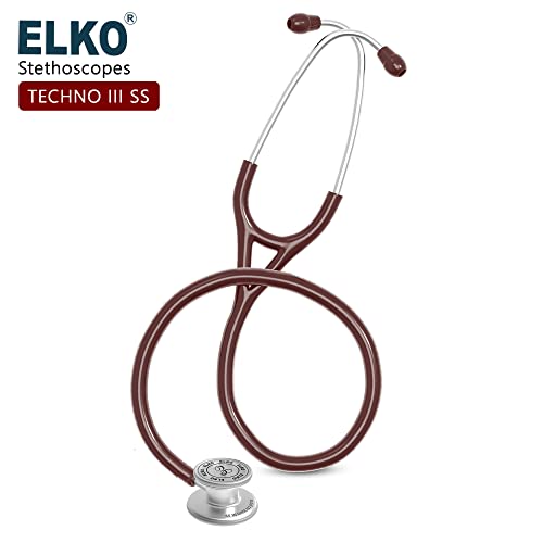 Image of ELKO EL-170 TECHNO III SS Stainless Steel Acoustic Stethoscope | Adult & Pediatric Stethoscope With Double Sided Chestpiece | Two-Way PVC Tubing | Doctors & Medical Students (Brown)