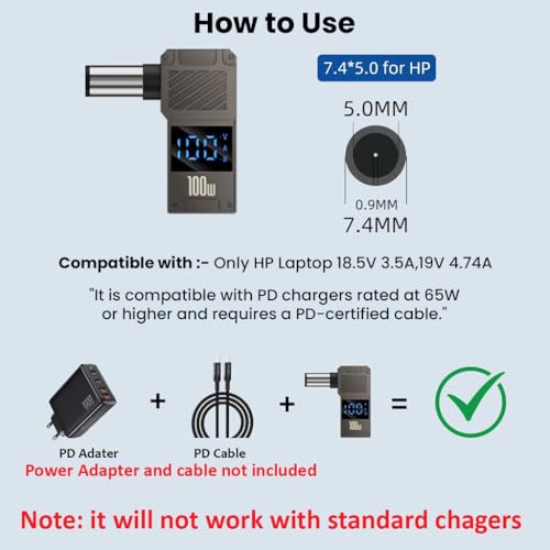 Image of 100W PD USB C to DC Adapter for HP, Type-C Female to Male DC 7.4 x 5.0mm Barrel Jack Plug Converter, 100W 5A PD Portable Power Charger Connector for EliteBook 8460p /8470p, Presario CQ42 /CQ43