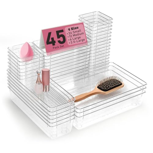 Clear Plastic Drawer Organizers Set of 45 Vanity Organizers Stackable Storage Bins Dividers Bathroom Organizers Storage Vanity Organizer Bins for Makeup, Kitchen Utensils, Jewelries, Office