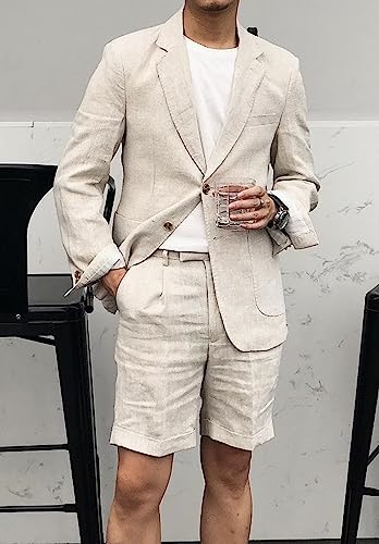 Men's Linen Suit 2 Piece Tuxedo Summer Shorts Set Wedding Sports Blazer Pant2