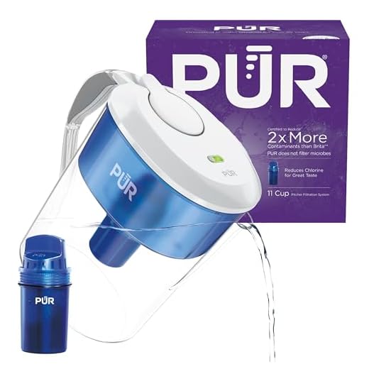 PUR 11-Cup Water Pitcher, 1 Genuine PUR Filter, Cleaner, Great-tasting Water, Dishwasher Safe, Powerful Filtration, Filter Change Light Indicator, LockFit Cap Design - White
