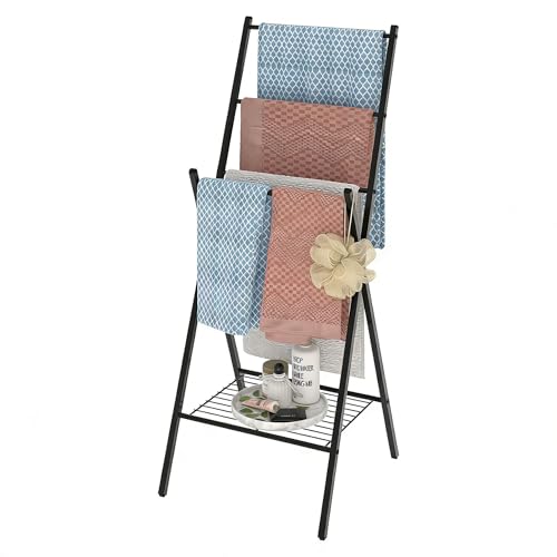 UHETLET Porte-Serviettes sur Pied en Métal Stable Et Peu Encombrant Échelle À avec 4 Barres Noir Étagère À Échelle À Vêtements Montage Facile sans Perçage pour Couvertures