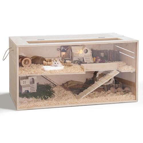 Hamster Cage Chewproof 97CM Wooden Guinea Pig Cage for Small Animals Openable Top with Easy View Acrylic Panels for Hamster Rabbit Guinea Pig Hedgehog(2 Layer97x49x49cm)