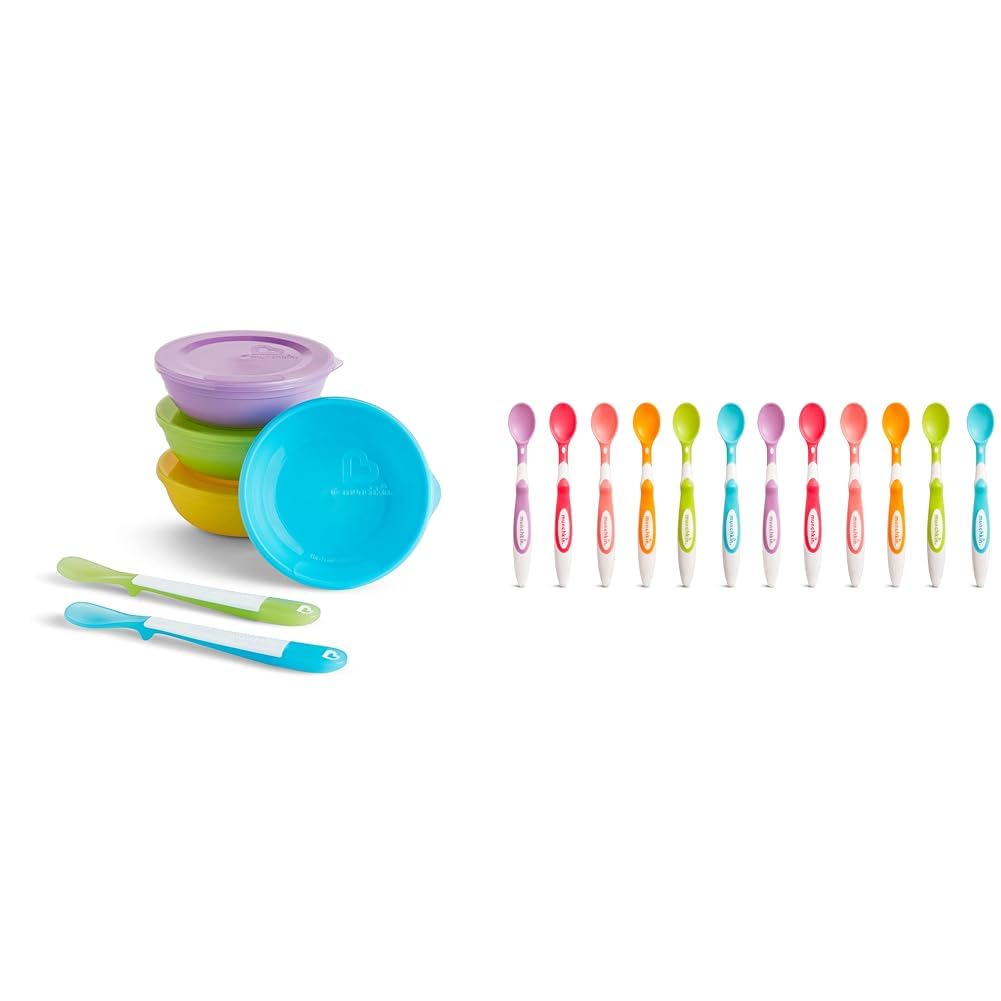 MunchkinLove-a-Bowls™ 10 Piece Baby Feeding Set, Includes Bowls with Lids and Spoons, Multicolor & Soft Tip™ Infant Spoons, 12 Count (Pack of 1)