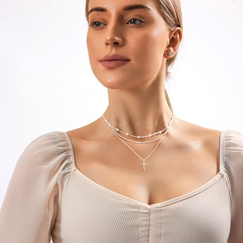 Image of Zeffy Gold Pearl Necklace for Women, Dainty 14K Gold /Silve Plated Layered Pearl Choker Pearl Earrings Pearl Bracelets Wedding Trendy Gold Jewelry Set for Women Gifts