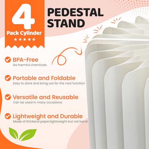 HeiMma 4 Pack Buffet Risers, FOLDABLE Accordion Food Display Risers for Dessert Table,Dessert Table Display Set, White Cardboard Cylinder Cake Cupcake Stands for Party, Multi-height, 12in Round - Thumbnail 4