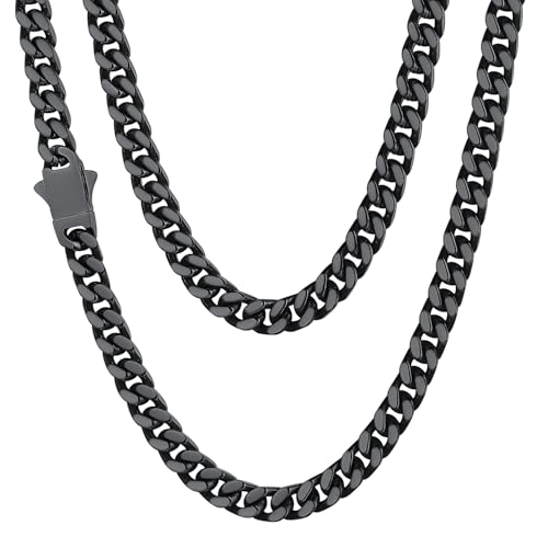 Image of Mens Black Necklace Collar Chain Stainless Steel Hip Hop for Pendant Choker Jewelry Link Mens Flat Curb Cuban for Men