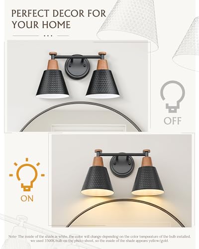 Image of FEMILA Modern 2 Light Bathroom Vanity Lights, Industrial Bathroom Light Fixtures Over Mirror, Black Vanity Lighting Fixtures, Woodgrain Finish, 4FG59B-2W BK-NW