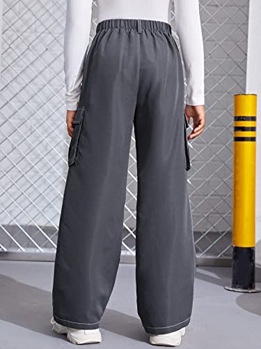 Image of WDIRARA Girl's Letter Patched High Waisted Button Cargo Pants with Pockets Dark Grey 10Y