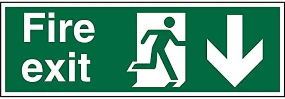 Seco Fire Exit - Fire Exit, Man Running Right, Arrow Pointing Down Sign, 450mm x 150mm - Self Adhesive Vinyl, White