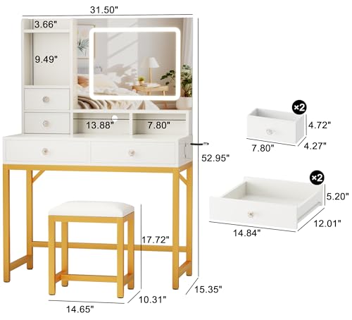 image for Furologee Vanity Desk with LED Lights Mirror and Power Outlets, Small 