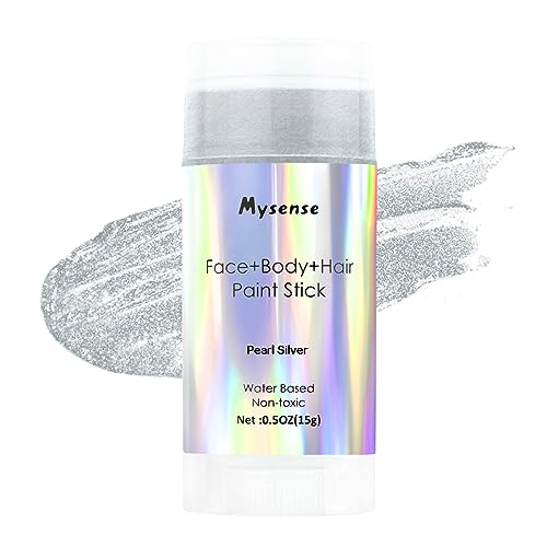 Mysense Pearl Silver Face Body Hair Paint Stick,Water Based Washable Temporary Hair Paint,Non-toxic Cream Blendable Metallic Face Painting for Halloween Costume SFX Cosplay Makeup,0.5oz(15g)
