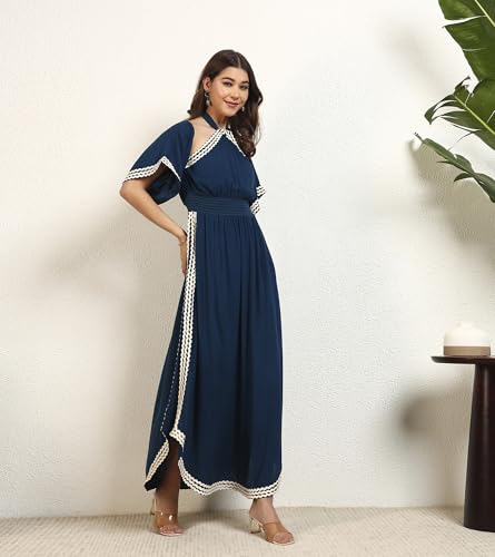 Image of DEEBACO Women's Solid Rayon Slit Ankle Length A-Line Dress|Sleeveless|Halter Neck|Casual Trending Fashion Long One Piece Dresses Women Western