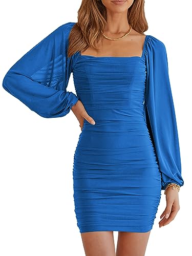Image of MASCOMODA Women Elegant Square Neck Lantern Long Sleeve Mini Ruched Bodycon Dress Stretch Mesh Slim Party Cocktail Dresses