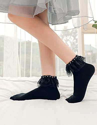 Image of Women Ankle Socks Lace Ruffle Frilly Cute Princess Dress Cotton Socks for Girl 3 Pack
