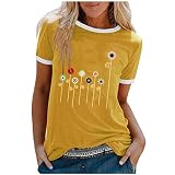 Generic Cuello suelto estampado de manga corta flor de manga corta color redondo corto mujeres macetas blusa mujer manga larga mujer, amarillo, M