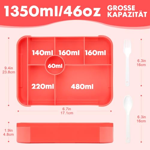 Brotdose Kinder mit Fächern,1350ml Lunch Bento Box Kinder,Lunchbox mit Besteck,Vesperbox,Brotzeitbox Brotbox Frühstücksbox Vesperdose Jausenbox Snackbox für Kindergarten,Schule & Ausflüge (Rosa)
