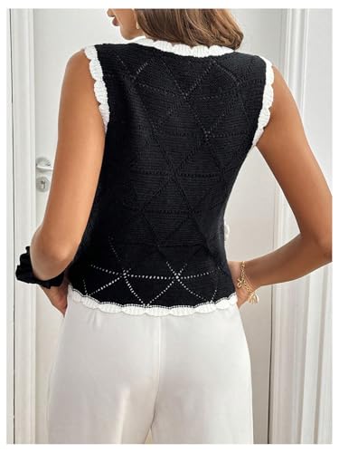 MakeMeChic Women's 3D Flower V Neck Button Down Sweater Vest Sleeveless Scallop Trim Knit Top2