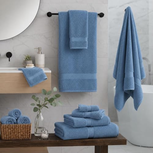 Image of Sulfar 100% Combed Cotton, 6 Pcs Towel Set - 2 Bath Towels (70 x 140 cm), 2 Hand Towels (40 x 70 cm) and 2 Face (30 x 30 cm) (600 GSM, Pack of 6) Dark Blue